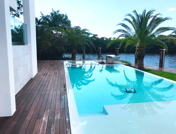 Ipe hardwood pool deck with matching ipe dock overlooking the intercostal