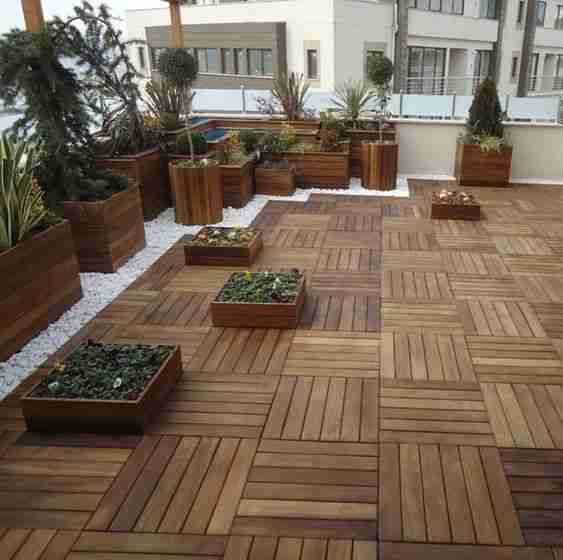 a backyard made of wood tiles