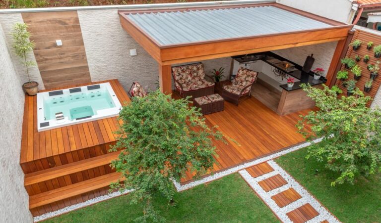 A backyard remodeled with deck tiles