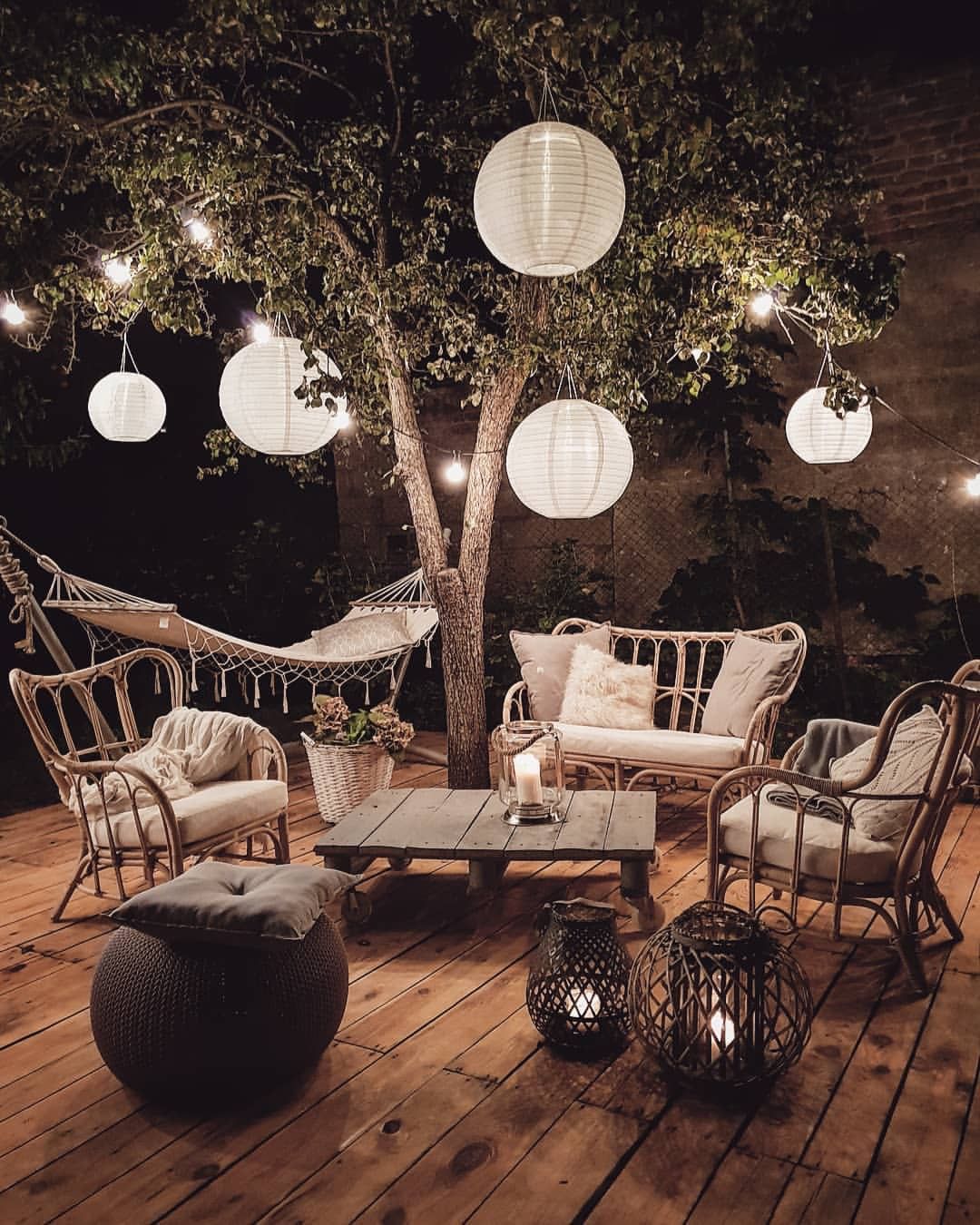 Cozy bohemian outdoor patio with hanging lights