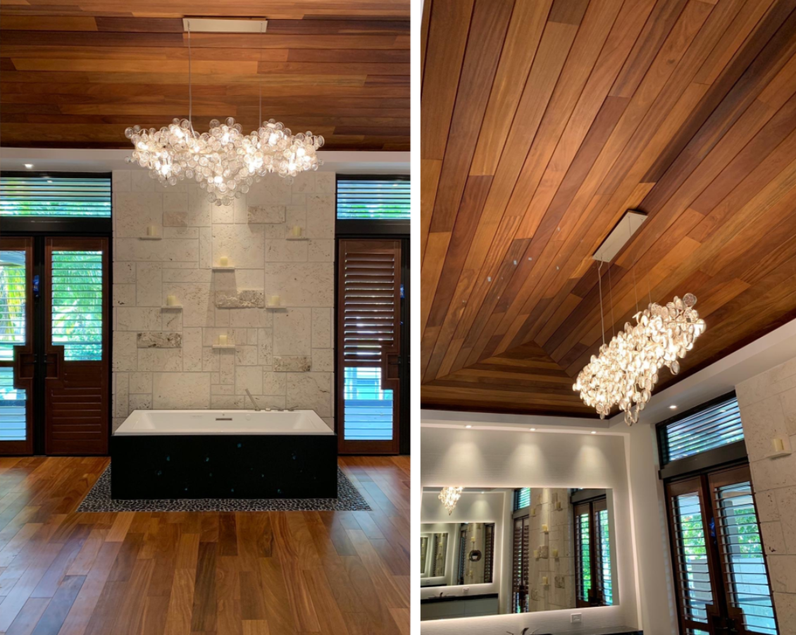 Two photos of cumaru wood in ceiling and flooring