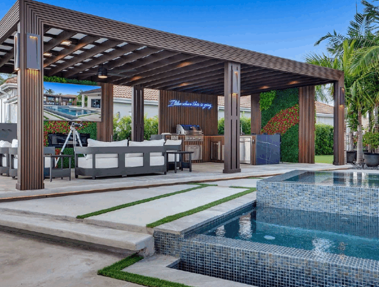 Outdoor Living Pergola with Deckotech Prestige Royal Teak
