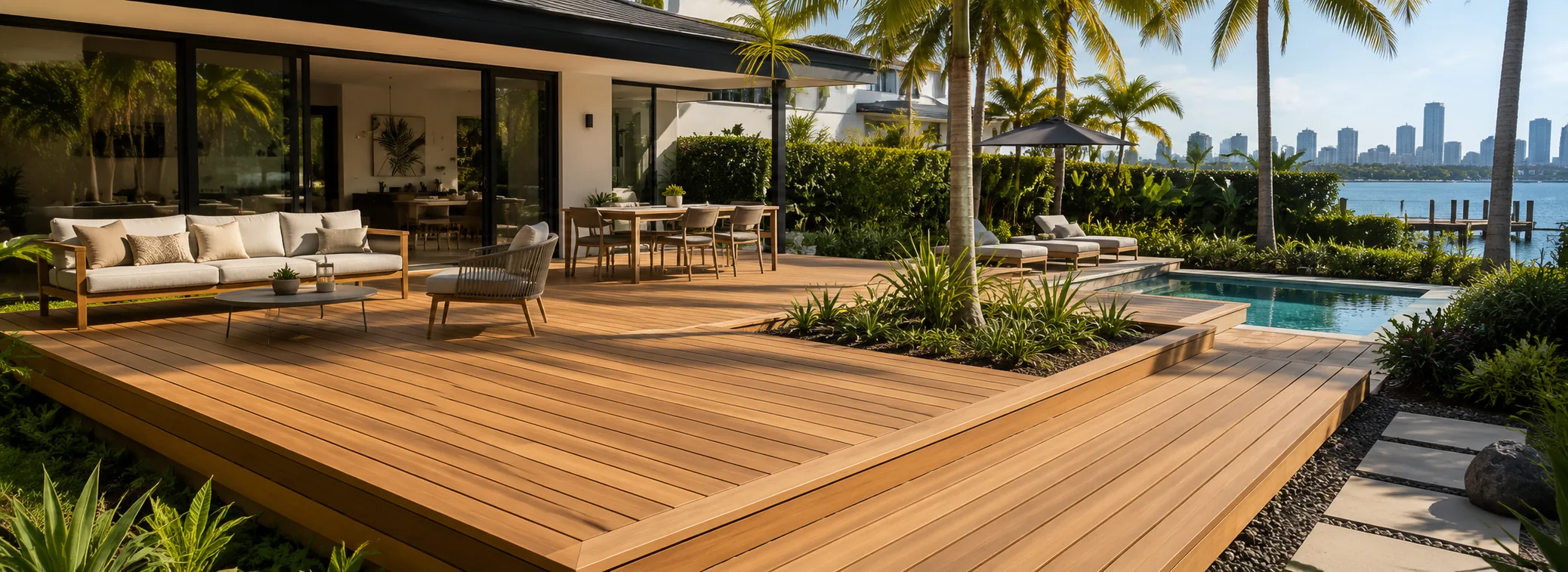 Hardwood deck with outdoor lounge furniture next to a pool in Miami
